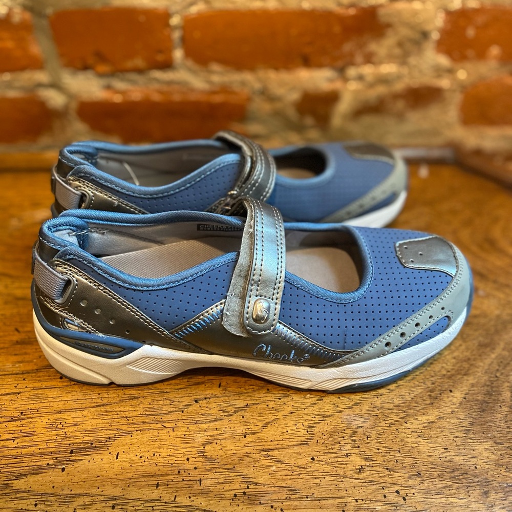 Cheeks Fit Body Mary Jane Strap Flats Blue Silver Hook Loop Tony Little Size 7.5